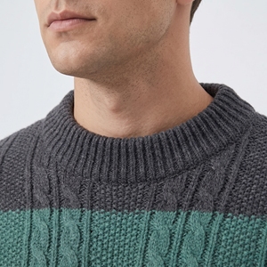 Teal Green and Charcoal <b>Grey</b> Striped Cable Knit Sweater Crew Neck Long Sleeve Textured Winter Pullover <b>sweatshirt</b> for <b>men</b> - Product Image 4