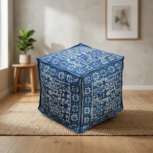 Blue Printed Square Fabric Pouf Ottoman Soft Cushioned Floor <b>Stool</b> Footrest for Living Room Bedroom Home Decor Seating - Product Image 4