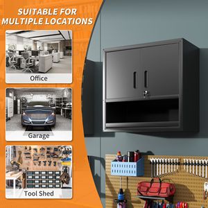 Armario Metálico de Pared con 1 Estante y 1 Cajón Abierto con Puerta con Cerradura para Almacenamiento de Herramientas en Garaje, Almacén u Oficina, Requiere Ensamblaje - Product Image 3