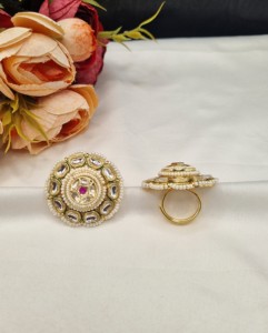 Heavy Work Kundan Pearl Beaded <b>Adjustable</b> <b>Ring</b> For Women Gold Plated Fashion <b>Ring</b> For Wedding Reception Festive Wear Collections - Product Image 1