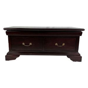 Antique style solid mahogany wood coffee table features two <b>drawers</b> with brass pull handles and distinctive <b>bracket</b> feet - Product Image 2