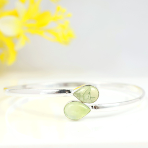 Wholesale 925 Sterling Silver Natural Green Prehnite Quartz Gemstone Teardrop Cuff Bangle Boho Minimalist Two <b>Stone</b> <b>Bracelet</b> - Product Image 5