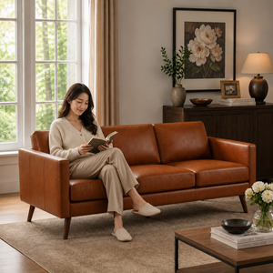 Modern Genuine Leather Three Seat <b>Sofa</b> With Wood Legs Tight Back Square Arms Midcentury Living Room Furniture Leather <b>Sofa</b> - Product Image 3