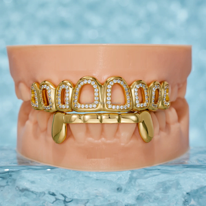 Grillz personnalisé à face ouverte en argent 925 et or 18 carats avec diamant rond taille brillant et moissanite pour mariage ou cadeau - Product Image 1