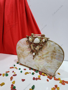 Indian Handcrafted Mother Of <b>Pearl</b> Evening <b>Clutch</b> With Organic Gemstone Accent Luxury Bridal Party Statement Bag - Product Image 2