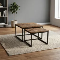 Ensemble de 2 tables basses gigognes industrielles, plateau en bois rustique, structure en métal, table d'appoint carrée pour salon