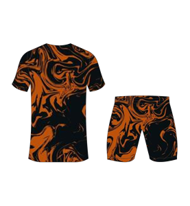 Custom sublimated <b>soccer</b> uniform set for men with black and burnt orange marble swirl pattern print jersey and matching shorts - Product Image 6