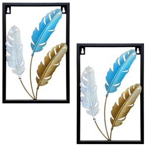 Décoration murale moderne de luxe en métal doré et blanc avec plumes, sculpture murale élégante avec cadre, décoration murale suspendue - Product Image 2