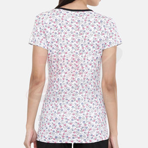 Camiseta de Mujer con Cuello en V, Manga Corta, Estampado Floral, Corte Regular, Informal, Transpirable, de Algodón Tejido, para Primavera/Verano - Product Image 5