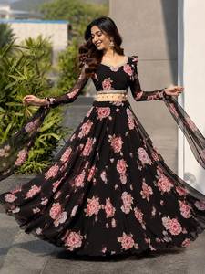 Lehenga Choli con Estampado Floral Tradicional para Niñas Georgette, con Dupatta, Ropa India para Bodas y Fiestas - Product Image 6