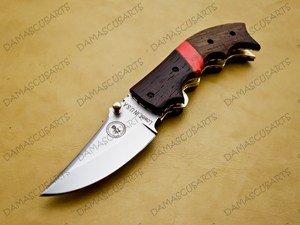 Cuchillo Plegable OEM con Mango de Madera Oscura, Separador de Resina Roja, Hoja de Acero, Varilla de Afilado y Funda de Cuero Genuino - Product Image 4