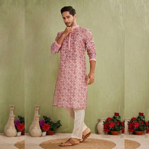 Traditional Casual Wear <b>Men's</b> Pink Printed Cotton <b>Kurta</b> Regular Fit Ankle-Length India Pakistan Style <b>Kurta</b> for <b>Mens</b> - Product Image 1