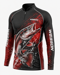 Chemise de pêche pour homme Webson à manches longues, impression par sublimation, séchage rapide, UPF 50, fermeture éclair, motif poisson rouge et noir, vente en gros - Product Image 3
