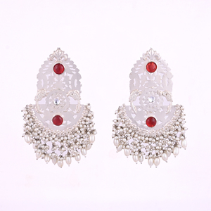 <b>Red</b> Hydro & Pearl & Kundan Stone Ethnic <b>Earrings</b> | Silver Plated Brass Traditional Indian Jewelry - Product Image 1