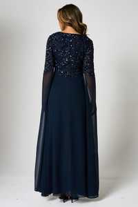 Vestido de Noche Azul Marino con Cuello Cuadrado y Lentejuelas, Manga Capa, Gasa Transparente, Corte A, Largo hasta el Suelo, Maxi Vestido con Sujetador Incorporado, Elegante - Product Image 2