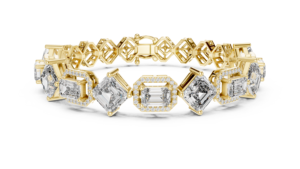 Bracelet à maillons en or jaune 18 carats pour femme, signature intemporelle, géométrique, avec émeraudes de laboratoire taille radiant et diamants de formes multiples - Product Image 4