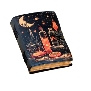 Bouteilles de Potion Lumineuses au Design Magnifique sur le Thème de la Nuit Fantastique en Cuir, Illustrations Enchantées, Lune Croissante - Reliure Thermique Noire - Product Image 1