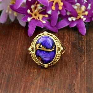 Purple Turquoise Gold <b>Ring</b> Oval Gemstone <b>Statement</b> <b>Ring</b> Vintage Style Gift for Her Handmade - Product Image 1