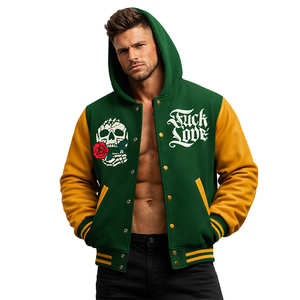 Blouson universitaire pour homme avec imprimé crâne et roses « Love » – Bomber à capuche vert et or tendance pour le streetwear et le style décontracté - Product Image 5