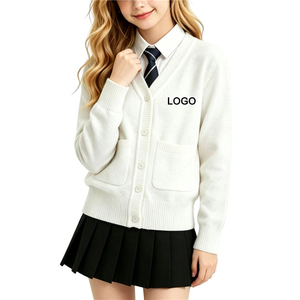 Cardigan en tricot blanc léger à manches longues et col en V pour filles, avec poches, idéal pour la rentrée scolaire - Product Image 4