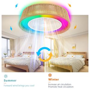 Ventilatore da soffitto LED moderno rustico da 21 pollici con luce RGB, illuminazione d'atmosfera, silenzioso, semi-incasso per camera da letto e soggiorno, design a corda intrecciata - Product Image 4