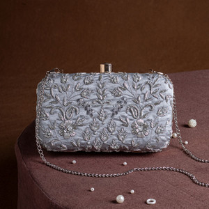 Bridal Zardozi Embroidered Pearl Half Moon Silk Clutch Bag with Golden Thread Work Casual Classic Fashion Soft Indian Purse - Product Image 3