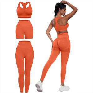 Wholesale Price 3 Piece Yoga Set Racerback Crop Top High Waist <b>Leggings</b> <b>Shorts</b> Seamless Breathable Activewear For Women - Product Image 2
