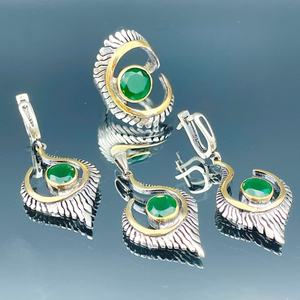 Ladies Green Tourmaline Sterling Silver 14K Gold Plated Jewelry Set Ottoman Boho Style Ring Earrings <b>Necklace</b> Gift - Product Image 6