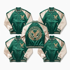 Wholesale Satin Bomber Jacket Forest Green Beige Timber <b>Trees</b> Embroidered Varsity <b>Coat</b> Front Zip Outerwear Direct Factory - Product Image 6