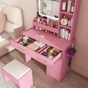 LED <b>Mirror</b> Lights <b>Vanity</b> Desk with Power Outlet Charging Station 3 Drawers and 7 Shelves Storage Makeup Dressing <b>Table</b> - Product Image 4