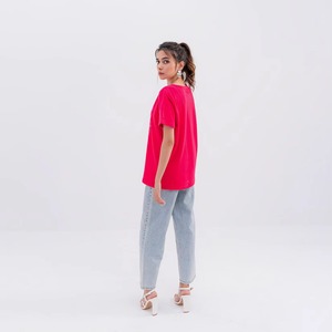 Camiseta Oversize Rosa de Algodón de Manga Corta con Cuello Redondo, Estilo Casual, Estampado de Letras, Top de Moda para Mujer - Product Image 2