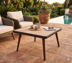 Mesa de centro cuadrada moderna de mimbre y ratán con superficie de madera de teca, impermeable, para exteriores, para patio, jardín, cafetería, hotel - Product Image 6