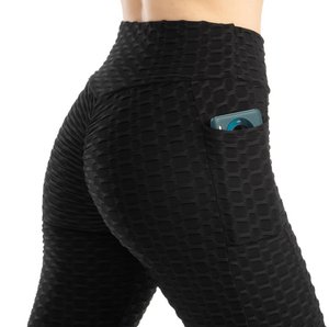 Leggings noirs taille haute avec poches, extensibles, tricotés, sportifs, longueur intégrale, sans coutures, en spandex et nylon respirant - Product Image 1