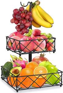 Panier à fruits en fil métallique à 2 niveaux avec base en bois, organisateur de comptoir de cuisine, émail noir, pour fruits, légumes et collations - Product Image 3