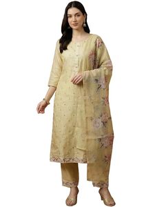 Ensemble Kurta et pantalon en lin brodé de fleurs pour femme, coupe droite, longueur mollet, avec dupatta - Product Image 1