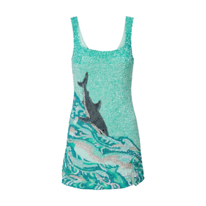 Women's Sleeveless <b>Square</b> Neck Beaded Shark Pattern Mini Swim Cover Up Dress with Ocean Inspired Waves Design Bodycon Cover Ups - Product Image 1