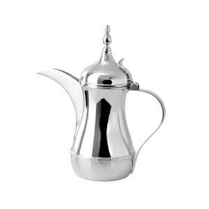 Dallah de diseño elegante en acero inoxidable con acabado plateado, forma redonda y boquilla larga para uso interior y exterior. - Product Image 1