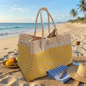 Bolso de hombro de plástico reciclado tejido a mano, cesta de mercado reutilizable ecológica, bolso de compras impermeable hecho a mano para la playa en verano - Product Image 6