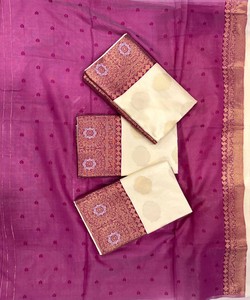 Sari indio tradicional de seda con borde morado y trabajo de zari dorado para bodas, largo hasta el suelo, corte regular para mujer - Product Image 3