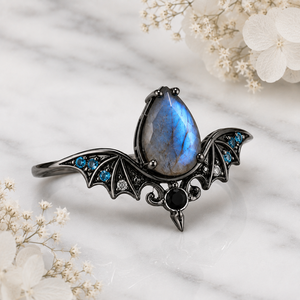 Bague de fiançailles Labradortie Bat Wing en argent sterling 925 massif, rhodiée noire, sertie de griffes, pour femme, style gothique, bague cocktail, vente en gros - Product Image 2