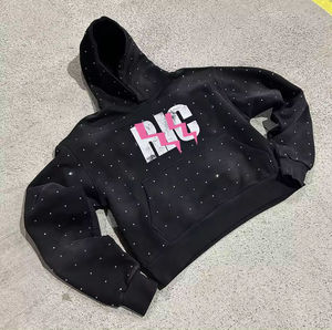 Sudadera con capucha unisex de poliéster/algodón grueso con cremallera, efecto desgastado vintage, logotipo de diamantes de imitación personalizado, para invierno, al por mayor - Product Image 1