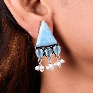 Oxidized <b>Silver</b> Brass Bezel Setting Bohemian Ethnic Flower Onyx <b>Dangle</b> <b>Earrings</b> with Pearl Drops Women Engagement From Rajasthan - Product Image 2