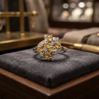 Anillo de Plata 925 con Citrino Amarillo en Racimo, Diseño Floral, Engaste de Garras, Joyería Fina Clásica para Mujer, Ideal para Bodas y Fiestas