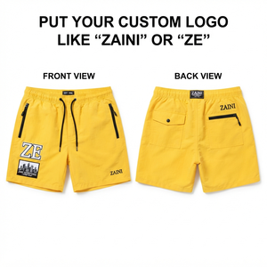 Shorts coupe-vent pour hommes en nylon premium 110 GSM légers et à séchage rapide, jaunes, décontractés, avec broderie de logo personnalisée et poches zippées - Product Image 1
