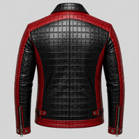 Veste en cuir noire et rouge pour homme, style motard, motif crocodile embossé, fermeture éclair, col rabattu, coupe ajustée, pour l'automne
