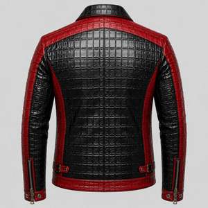 Veste en cuir noire et rouge pour homme, style motard, motif crocodile embossé, fermeture éclair, col rabattu, coupe ajustée, pour l'automne - Product Image 4