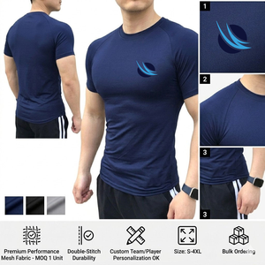 เสื้อรัดกล้ามเนื้อผู้ชายสีน้ำเงินกรมท่า แขนสั้น โพลีเอสเตอร์ แห้งเร็ว พิมพ์ลายด้านหน้า ออกแบบโลโก้ได้ตามต้องการ สำหรับผู้ใหญ่ เหมาะสำหรับเล่นกีฬา - Product Image 3