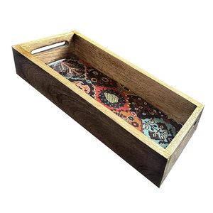 Plateau de service décoratif en bois bohème avec motif imprimé et poignées latérales pour la décoration de mariage et de fêtes à domicile - Product Image 5