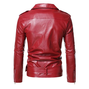 Mens Burgundy Leather <b>Jacket</b> Motorcycle Biker Style Slim Fit Asymmetrical Zipper Casual Winter Leather <b>Jacket</b> - Product Image 2