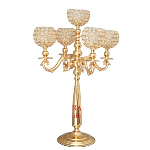 Gold 5 Arms Candelabra With Crystal Votive For T Light Decoration Hot Selling Gold Plated Crystal <b>Beaded</b> Handmade Candelabra - Product Image 1
